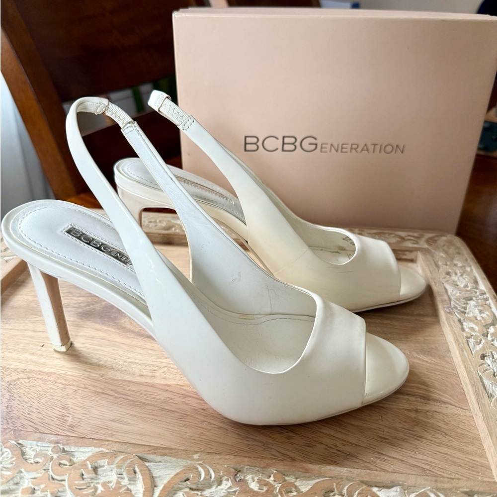 BCBGeneration White Peep-Toe Slingback Heels